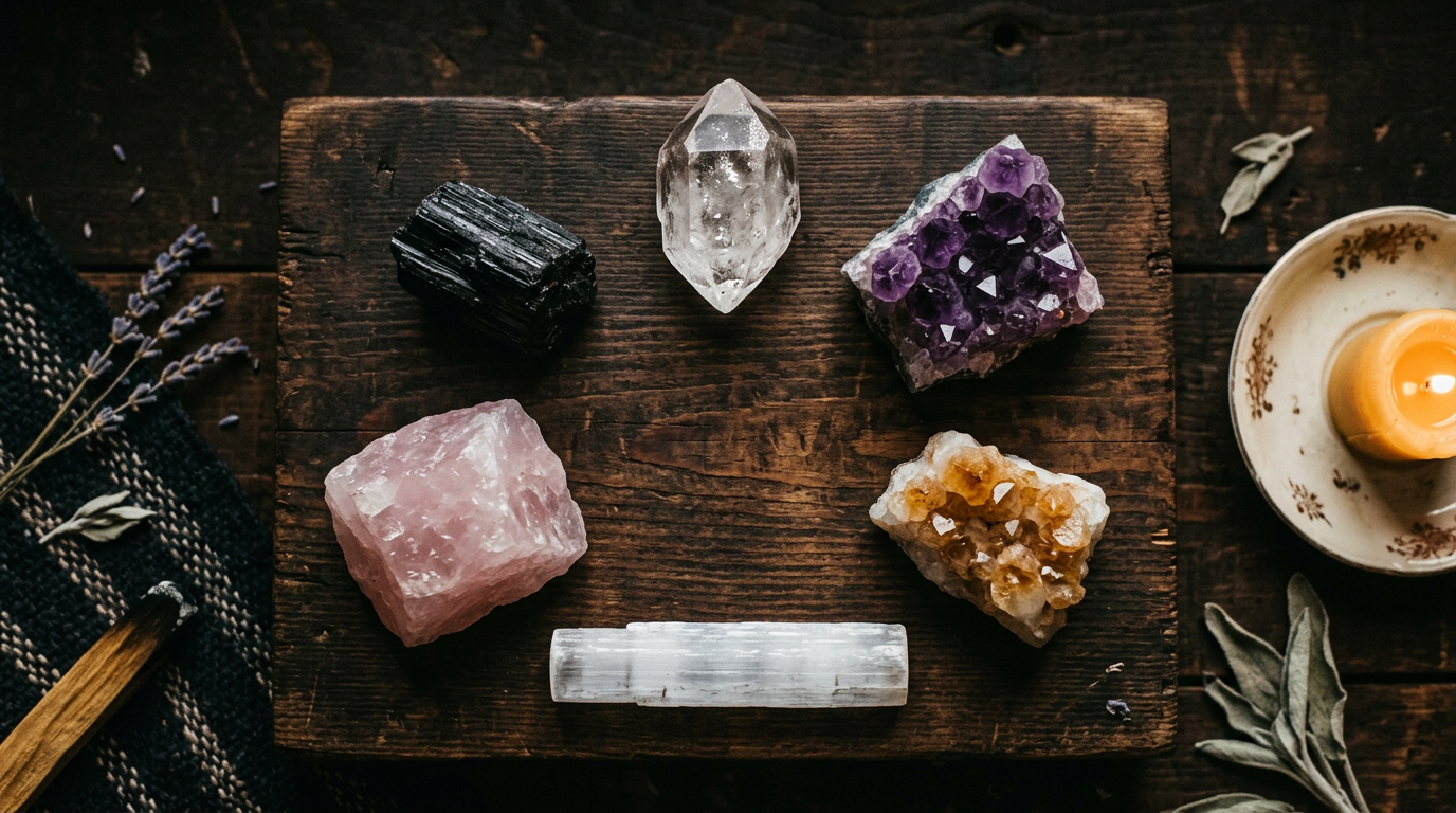 Healing crystals arranged for beginner crystal healing