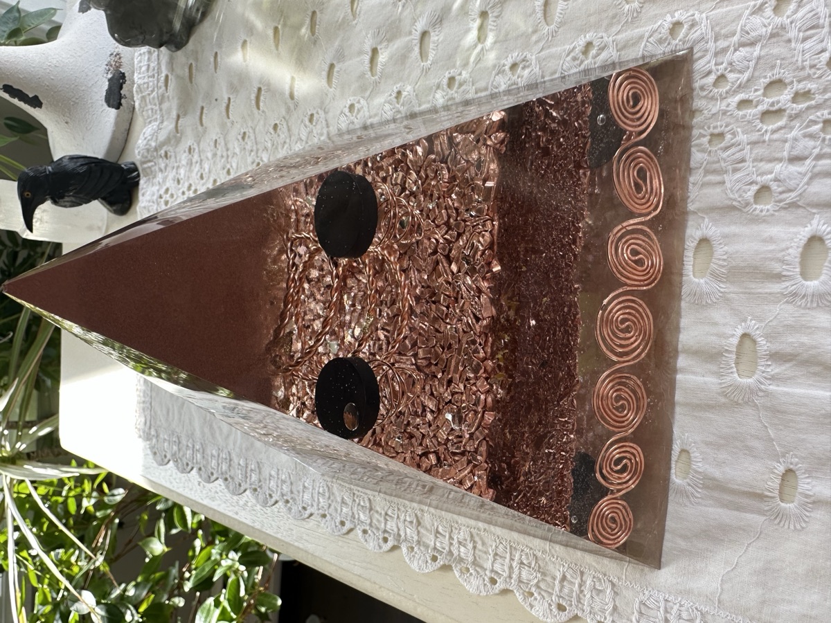 Handmade large orgonite pyramid with seven copper spirals, copper coils, and shungite cap