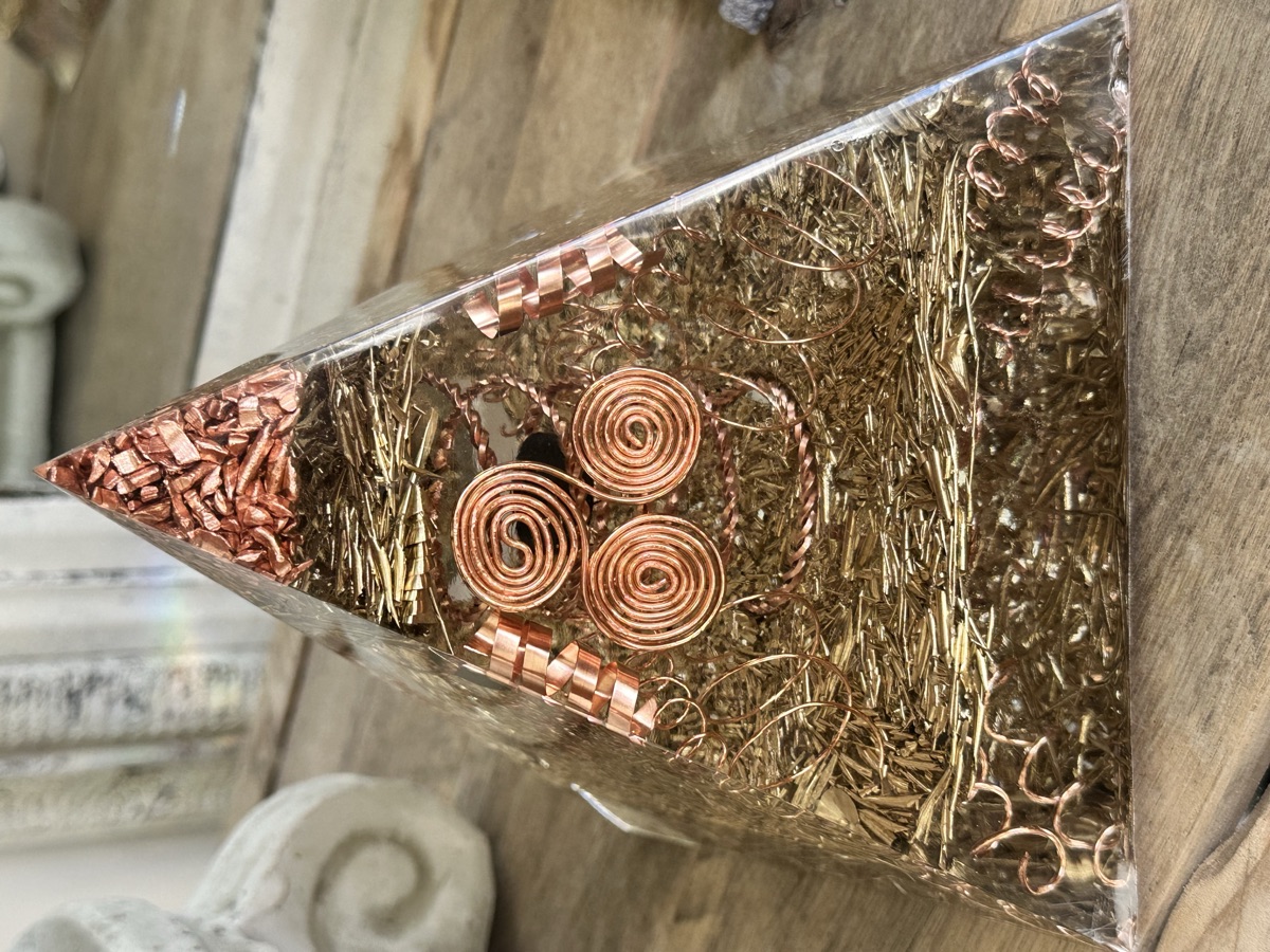 Handmade large orgonite pyramid with moon mirror, brass accents, and copper coin